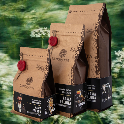 Różne pojemności opakowań świeżo palonej kawy Brazylia od rzemieślniczej palarni w Karkonoszach