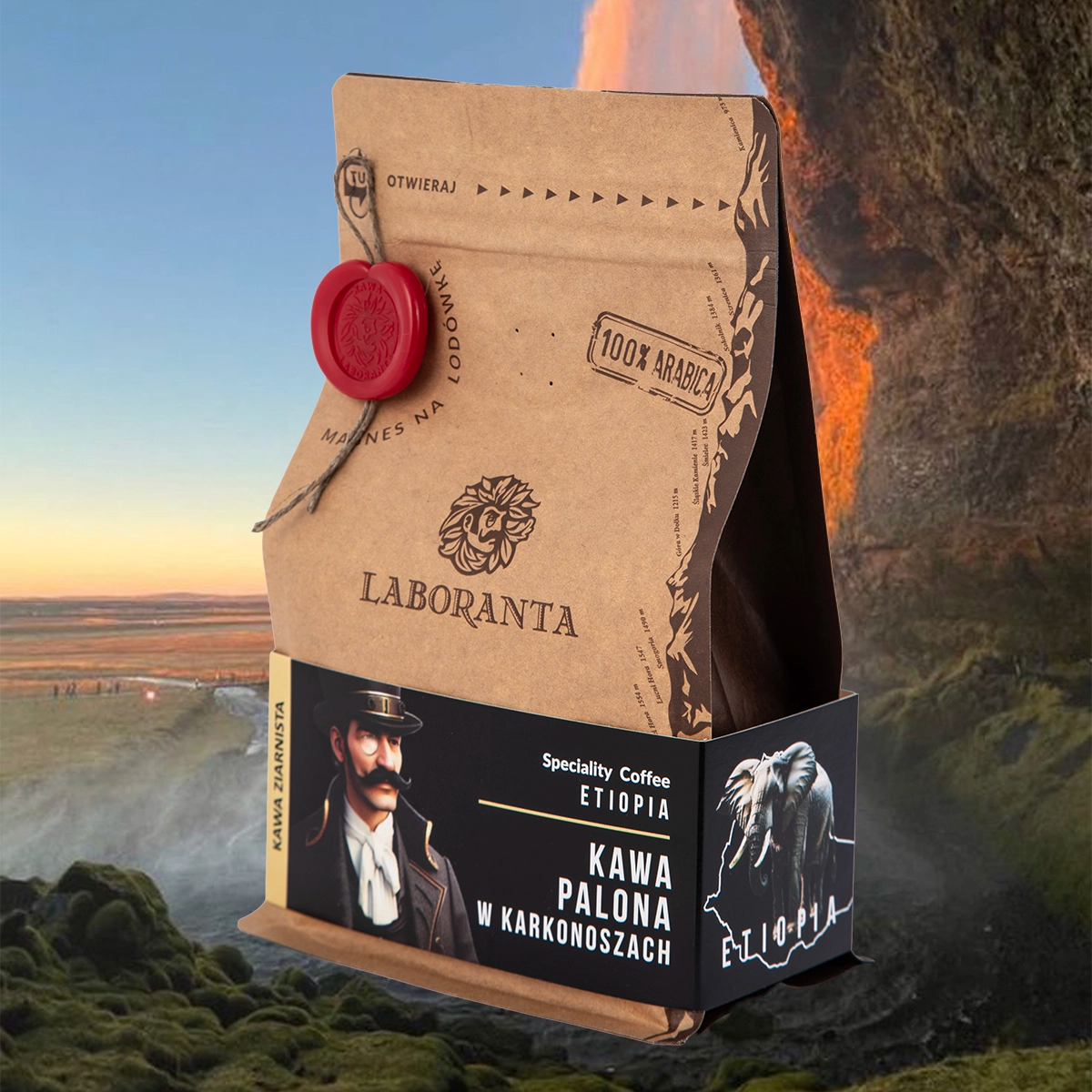 Małe opakowanie świeżo palonej kawy speciality Etiopia Yirgacheffe widoczne z boku z woskową pieczęcią Kawa Laboranta.