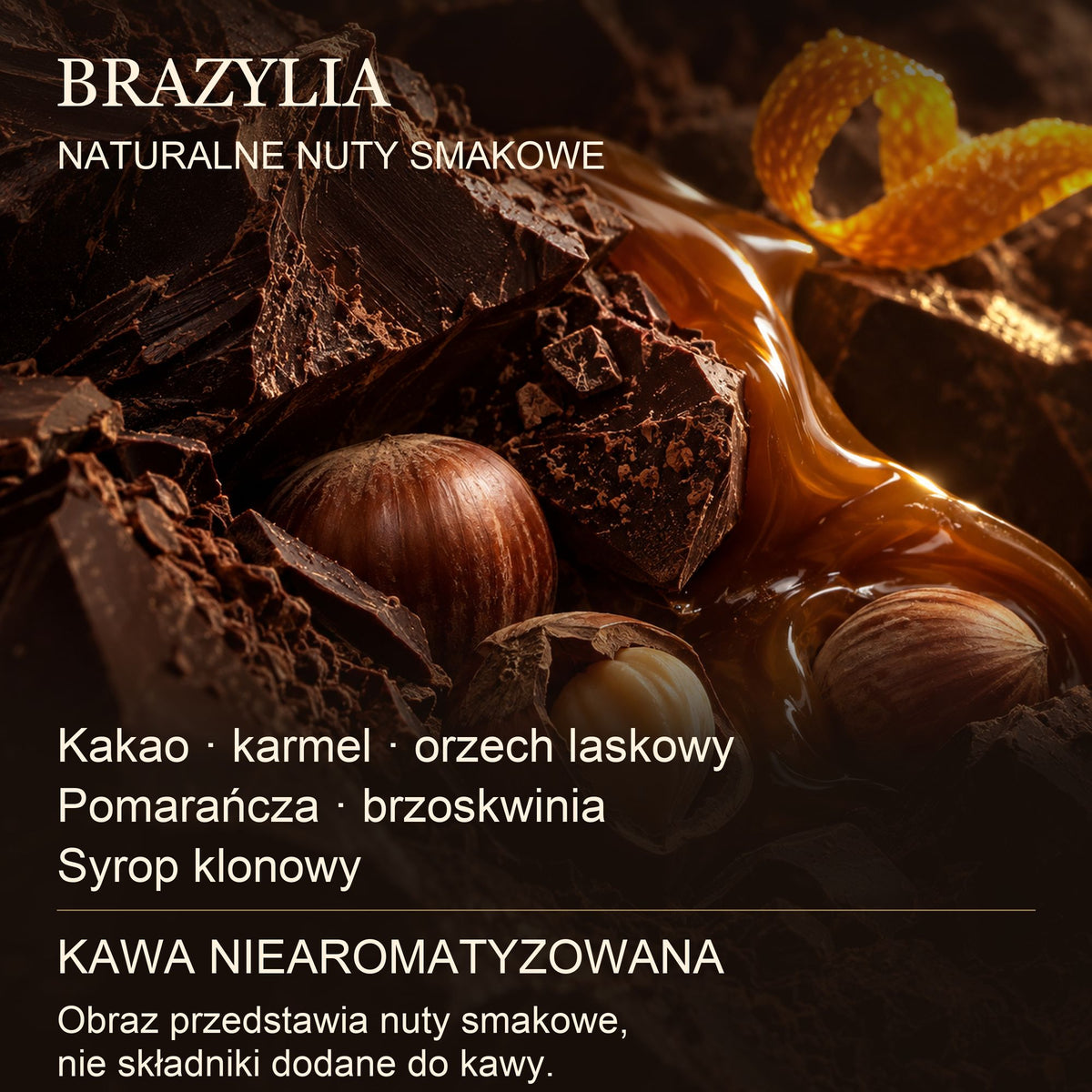 Naturalne nuty smakowe kawy Brazylia: kakao, karmel, orzech laskowy, pomarańcza, brzoskwinia, syrop klonowy