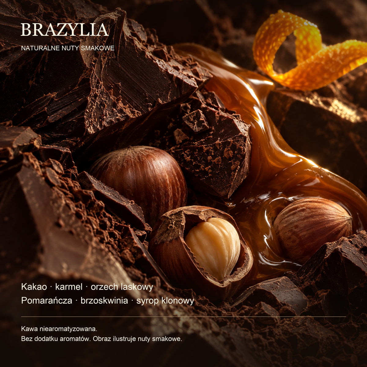 Naturalne nuty smakowe kawy Brazylia: kakao, karmel, orzech laskowy, pomarańcza, brzoskwinia, syrop klonowy