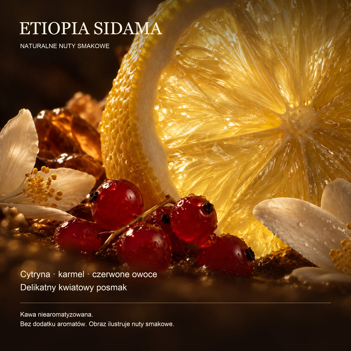 Naturalne nuty smakowe kawy Etiopia Sidama: cytryna, karmel, czerwone owoce, kwiatowy posmak