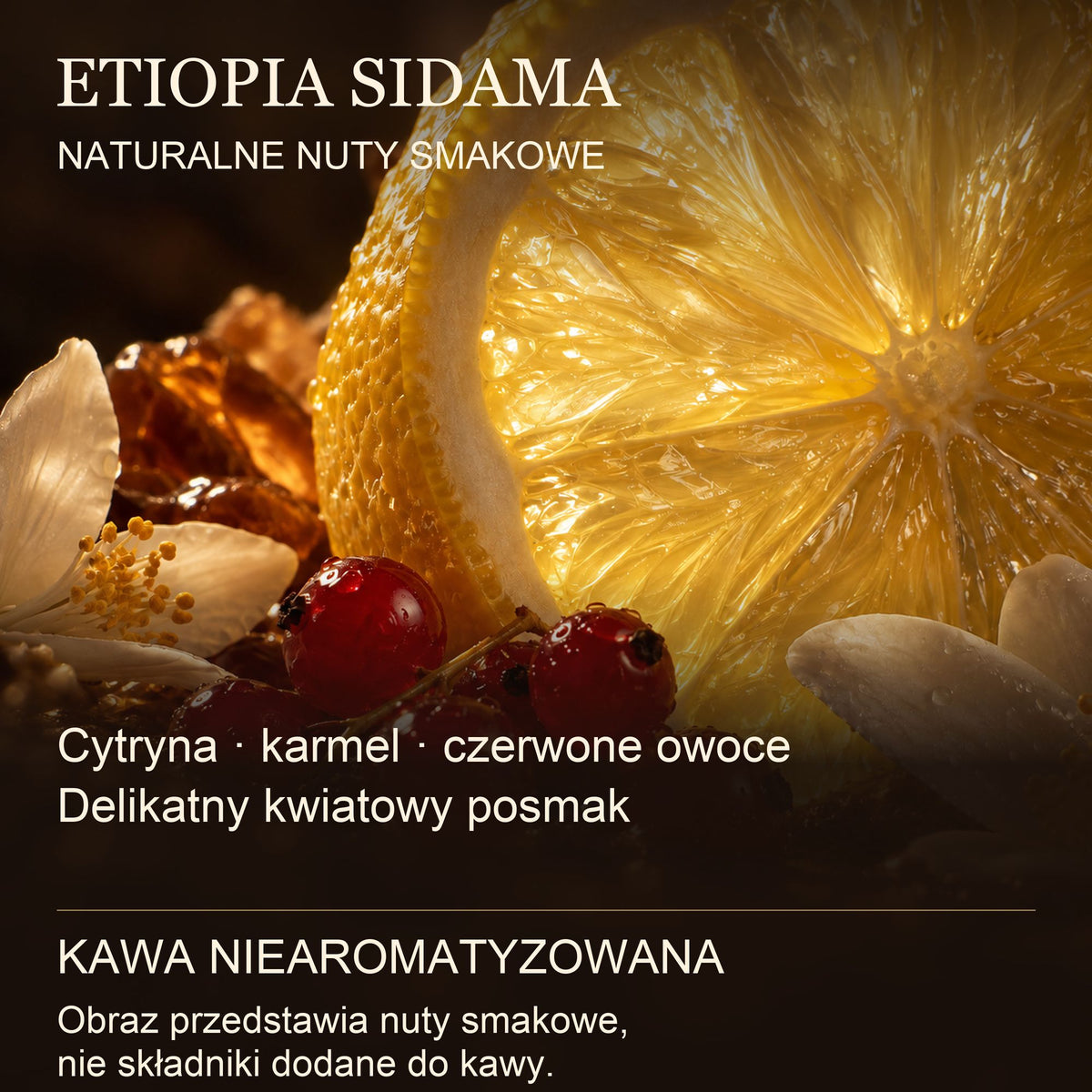 Naturalne nuty smakowe kawy Etiopia Sidama: cytryna, karmel, czerwone owoce, kwiatowy posmak