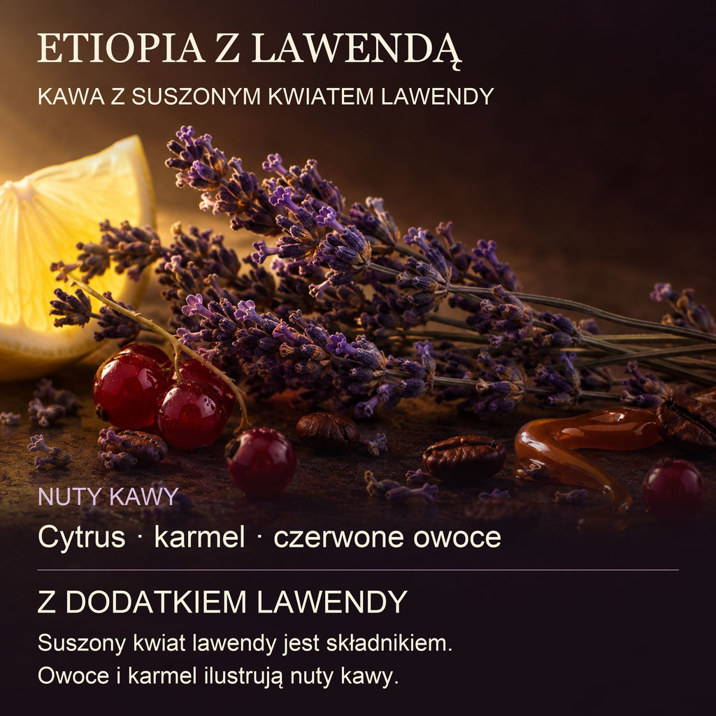 Nuty smakowe kawy Etiopia z lawendą: cytrus, karmel, czerwone owoce, z dodatkiem suszonego kwiatu lawendy