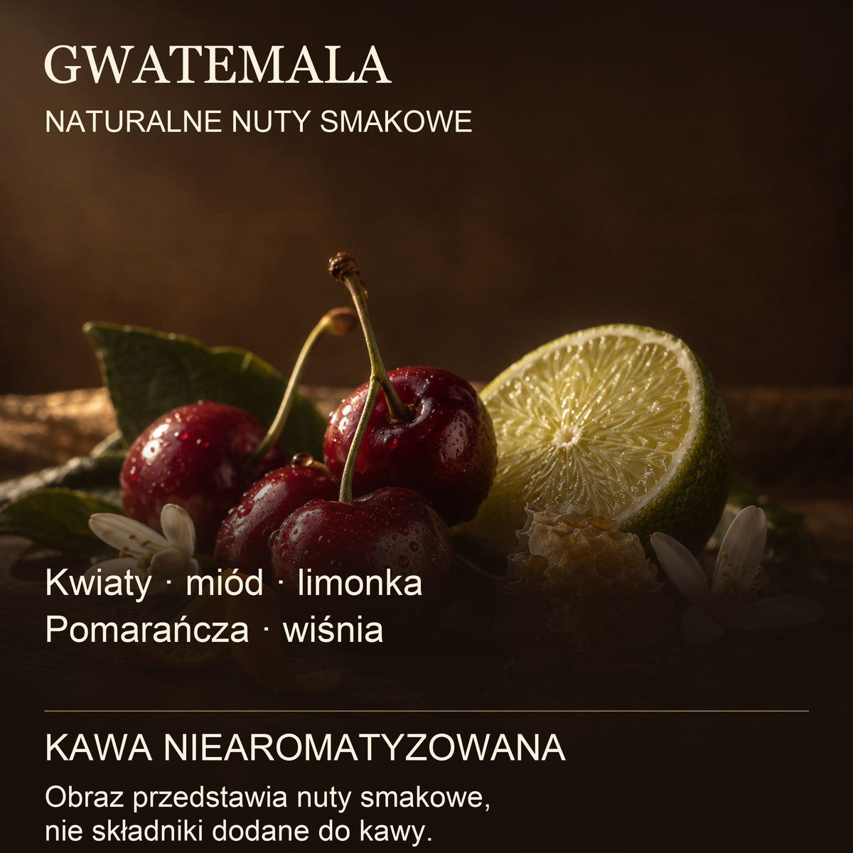 Naturalne nuty smakowe kawy Gwatemala: kwiaty, miód, limonka, pomarańcza, wiśnia