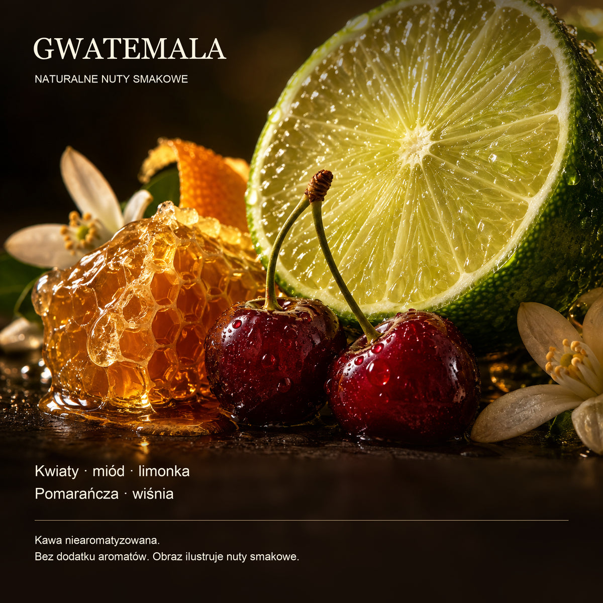 Naturalne nuty smakowe kawy Gwatemala: kwiaty, miód, limonka, pomarańcza, wiśnia